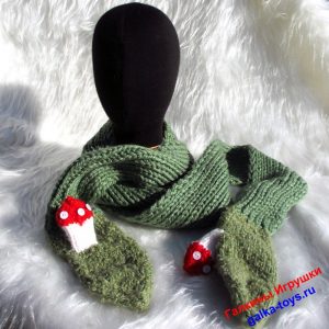 Зеленый теплый женский шарф с варежками Мухоморы взрослые непотеряшки