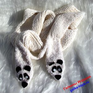 Длинный вязаный шарф - варежки Панды