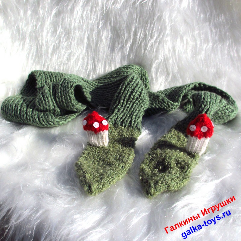 Зеленый теплый женский шарф с варежками Мухоморы взрослые непотеряшки — изображение 3