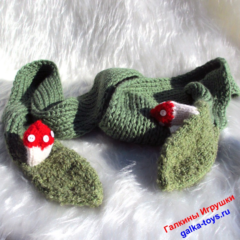 Зеленый теплый женский шарф с варежками Мухоморы взрослые непотеряшки — изображение 4