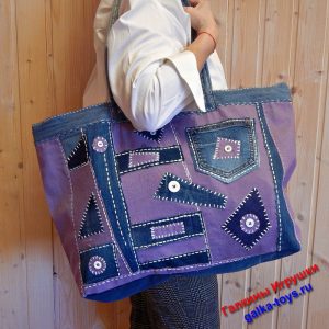 Большая текстильная сумка шоппер из джинсовых лоскутков