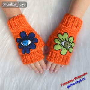 митенки вязаные спицами - оранжевый подарок для девушки
