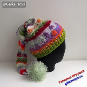 Женская разноцветная вязаная шапка колпак гномика с помпоном