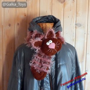 Теплый женский шарф коричневый полосатый кот – подарок для души