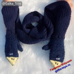 Варежки непотеряшки и оригинальный шарф спицами синие Птицы счастья